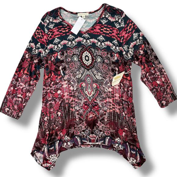 Farmers Market Abstract Print Sharkbite Abstract Hem Shirt Plus Size 2X Artsy - Picture 1 of 6